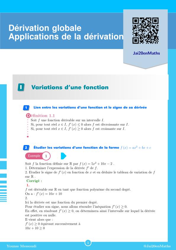 Fiche d'exercices maths 1ère Spécialité - Dérivation globale et applications de la dérivation