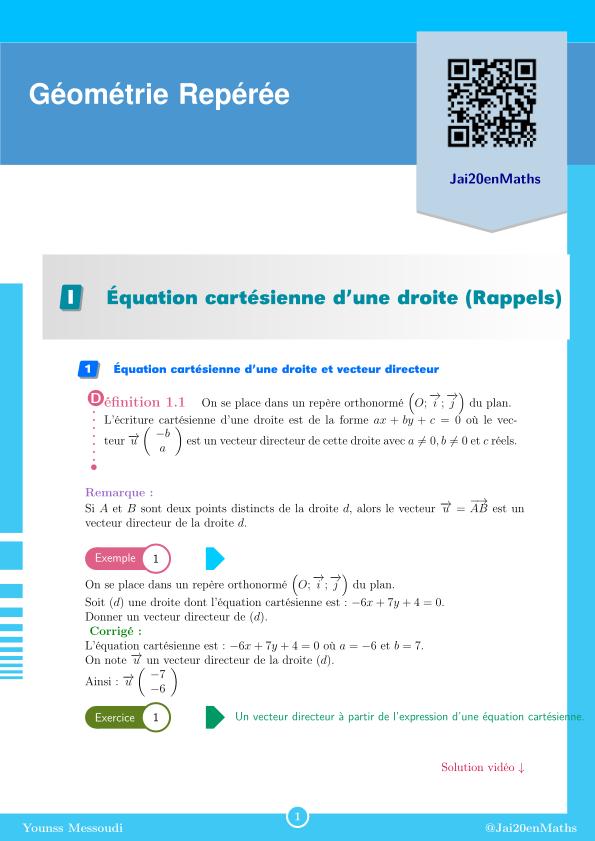Fiche d'exercices maths 1ère Spécialité - Géométrie repérée
