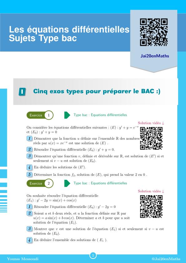 Fiche d'exercices maths Terminale - Enseignement de spécialité - Les équations différentielles Exercices types Bac 2025 Maths spécialité.