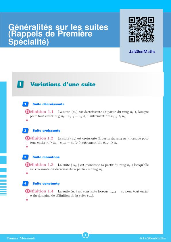 Fiche d'exercices maths Terminale - Enseignement de spécialité - Généralités sur les suites (Rappels de Première Spécialité)