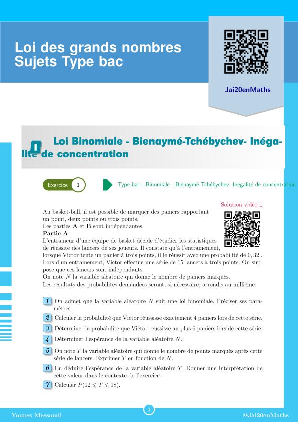 Fiche d'exercices maths Terminale - Enseignement de spécialité - Lois des grands nombres Exercices types Bac 2025 Maths spécialité.
