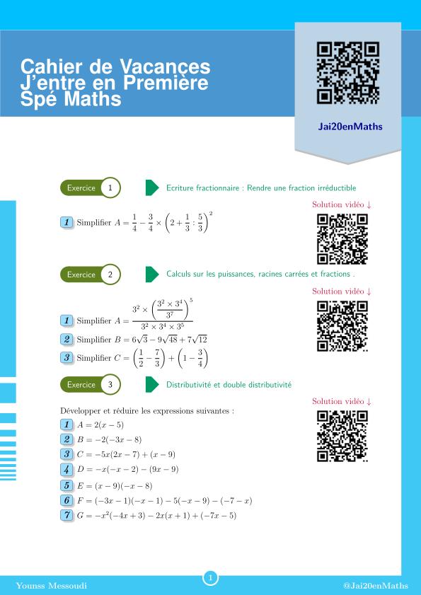 Fiche d'exercices maths 1ère Spécialité - Cahier de vacances - Première Spé Maths