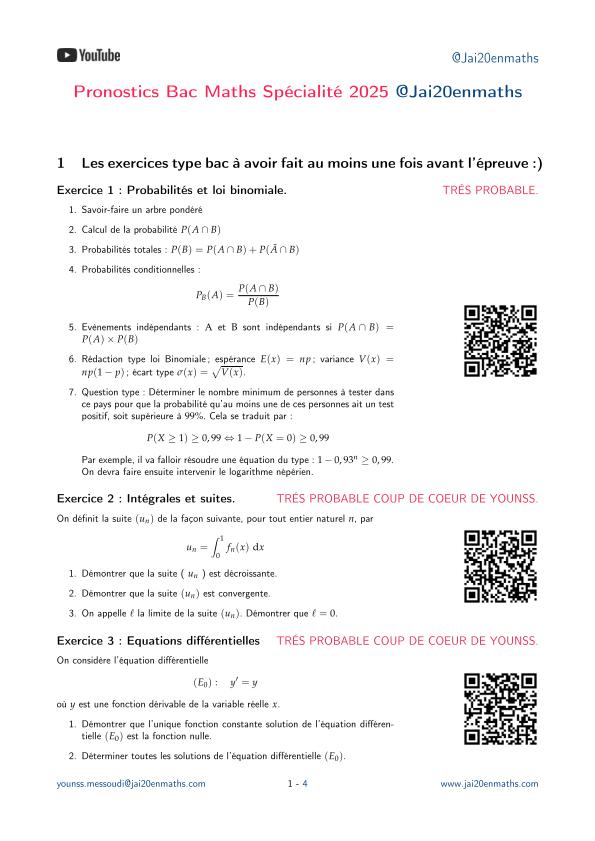 Fiche d'exercices maths Terminale - Enseignement de spécialité - Pronostics Bac Maths 2025 : Les exercices qui devraient tomber