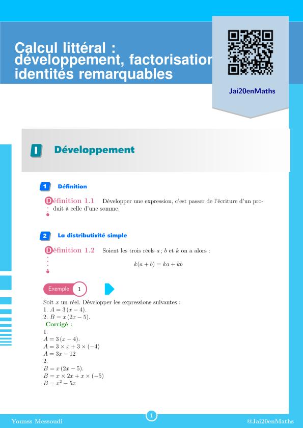 Fiche d'exercices maths Seconde - Calcul littéral - développement, factorisation, identités remarquables