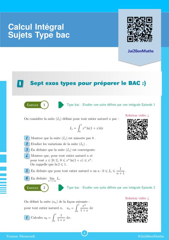 Fiche d'exercices maths Terminale - Enseignement de spécialité - Calcul intégral Exercices types Bac 2025 Maths spécialité