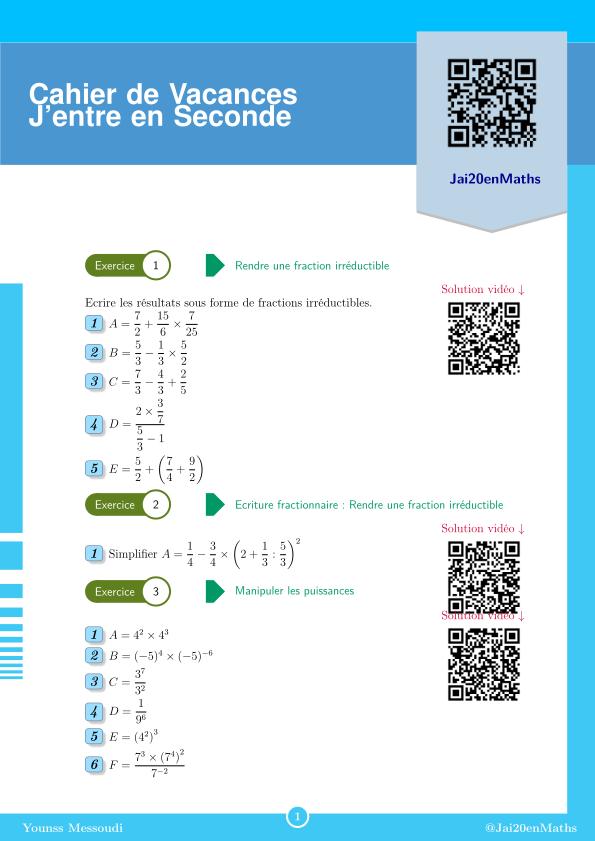 Fiche d'exercices maths Seconde - Cahier de vacances - Seconde