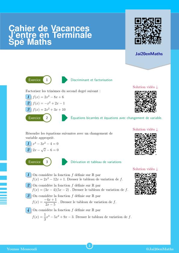 Fiche d'exercices maths Terminale - Enseignement de spécialité - Prépare ta rentrée en terminale Spé Maths